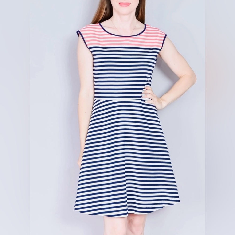 Draper James Striped Ponte Cap Sleeve A-Line Dress Navy & Red Size Medium